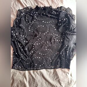 Maje Black Sheer Star Print Ruffle Sleeve High Neck Blouse Top Size 1
